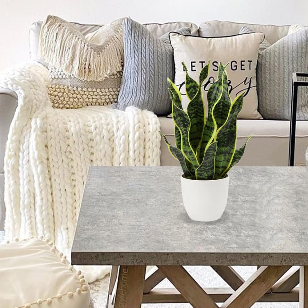 Artificial Snake Plant Potted Faux Sansevieria Trifasciata Plants, 17" Tropical Fake Plants in White Pots for Home Office Desk Outdoor Décor Housewarming Gift