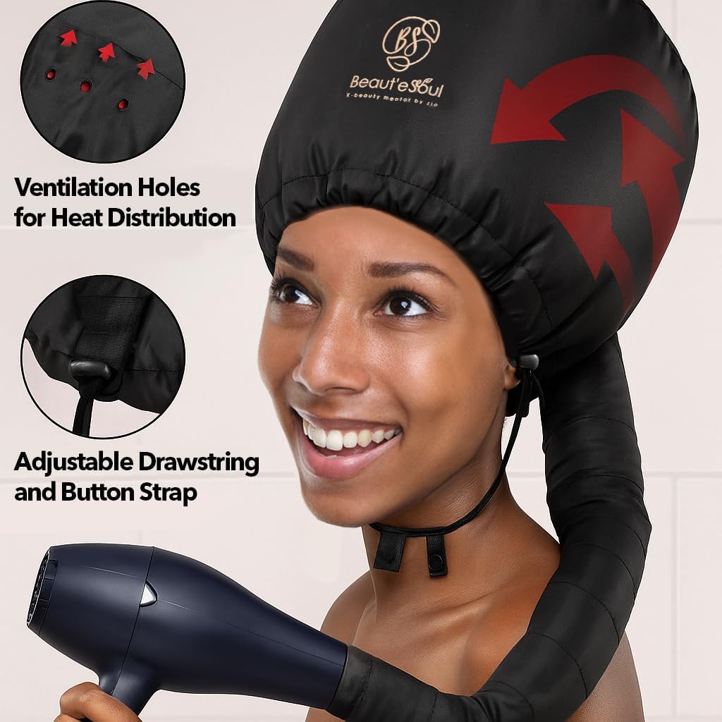 BEAUT'E SEOUL Soft Bonnet Hair Dryer Attachment - Upgraded Adjustable & Large Hood for Hand Held Dryers - Soft Blow Dryer Caps for Natural Curly Textured Hair Styling, Deep Conditioning & Fast Drying
