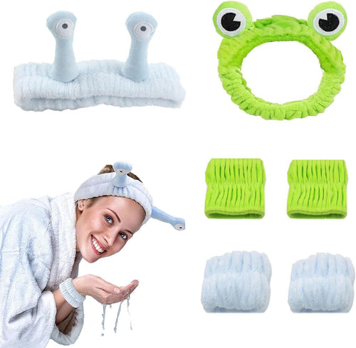 YQkangzhu 2pcs Frog Headband & Snail Skincare Headbands, 4pcs Spa Wristbands, Puffy Makeup Head Bands, Cartoon Face Wash Hair Band, Cute Animal Flannel Elastic Hair Accessories for Face Washing Shower