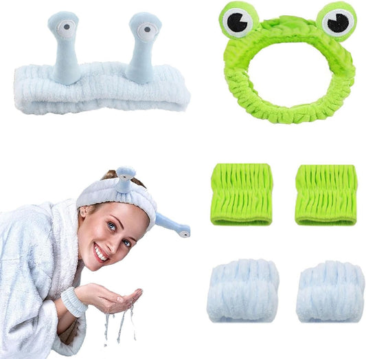 YQkangzhu 2pcs Frog Headband & Snail Skincare Headbands, 4pcs Spa Wristbands, Puffy Makeup Head Bands, Cartoon Face Wash Hair Band, Cute Animal Flannel Elastic Hair Accessories for Face Washing Shower