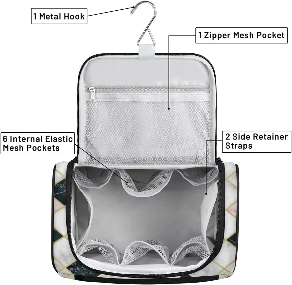 Grunge Marble Geometric Travel Toiletry Bag for Men and Women Large Hanging Toiletry Organizer Waterproof Hygiene Bag with Metal Hook, Grunge Marble Geometric, 10.2 x 6.5 x 9.2 inches