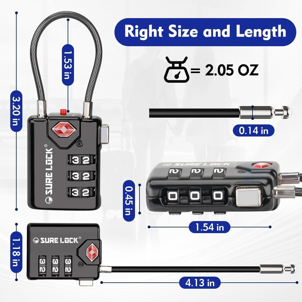 SURE LOCK TSA Compatible Travel Luggage Locks, Inspection Indicator, Easy Read Dials TSA Approved with Zinc Alloy, BLACK 4 PACK, earnest