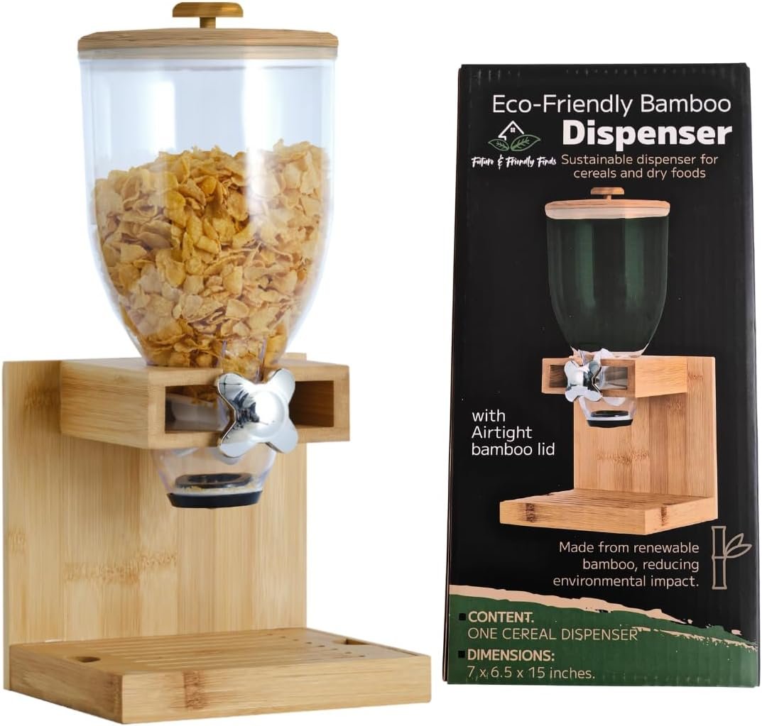 Future & Friendly Finds Bamboo Cereal Dispenser – Eco-Friendly Airtight Storage Container for Pantry & Counter, Family-Friendly Dry Food Dispenser for Snacks, Granola & Grains
