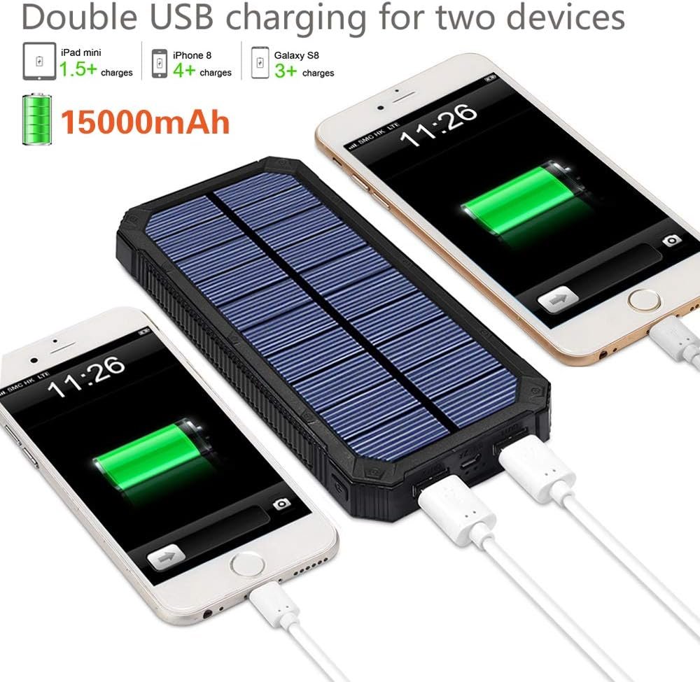 Solar Charger, Friengood 15000mAh Portable Solar Power Bank with Dual USB Output Ports, Solar Phone Charger External Battery Pack with 6 LED Flashlight Light for iPhone, iPad, Android and More (Black) …