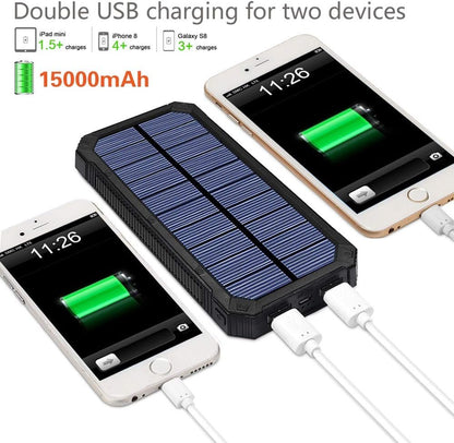 Solar Charger, Friengood 15000mAh Portable Solar Power Bank with Dual USB Output Ports, Solar Phone Charger External Battery Pack with 6 LED Flashlight Light for iPhone, iPad, Android and More (Black) …