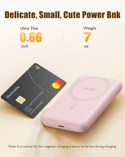QECVEC Mag-Safe Power Bank - 10000mAh Magnetic Portable Charger with 15W Wireless Fast Charging & 20W PD Wired Charging, Compatible for iPhone 12/13/14/15/16 Series. (Pink)