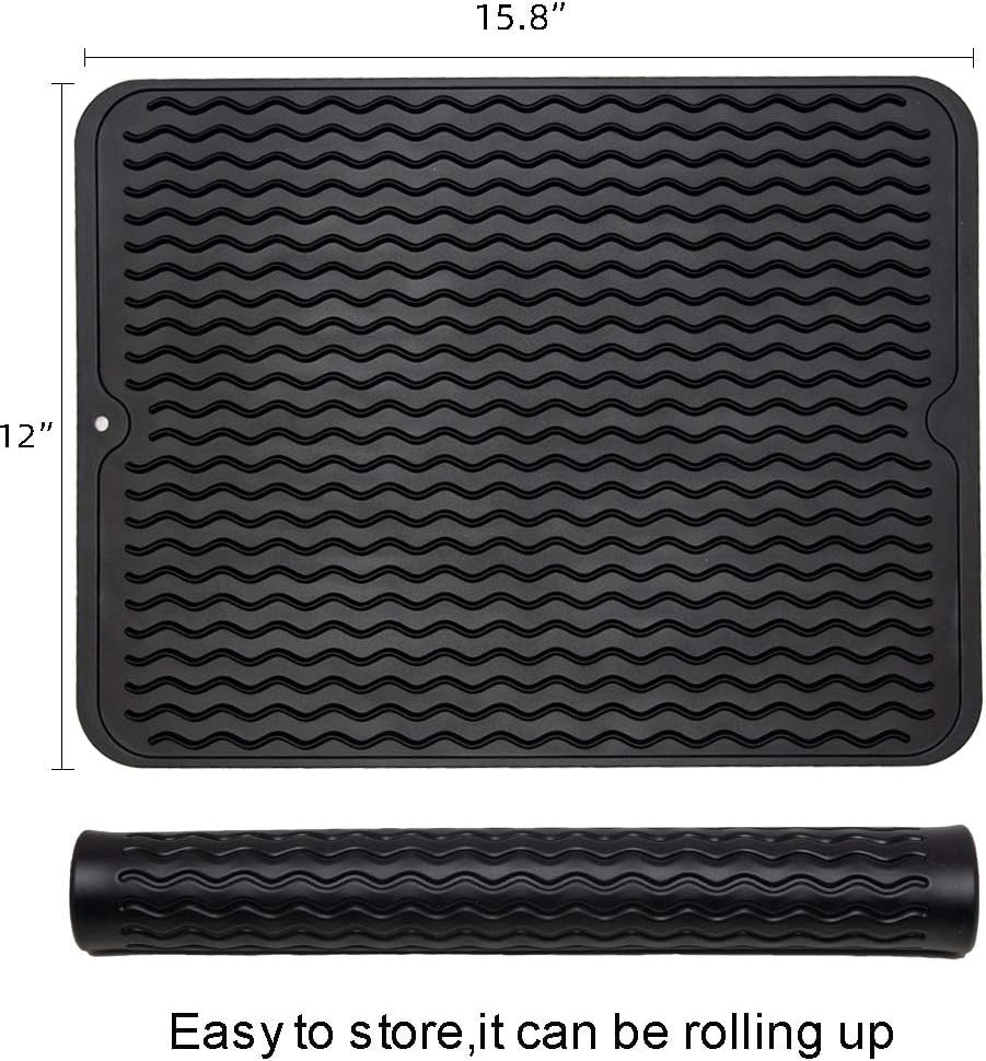 ZLR Silicone Dish Drying Mat for Kitchen Counter, Eco-Friendly Quick Dry Dish Mat, Easy Clean Multi Usage Drying Matt, Heat Resistant Trivet (2 x Black, L (12" x 16"))