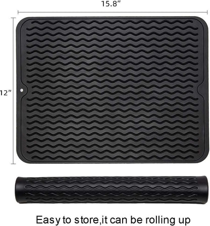 ZLR Silicone Dish Drying Mat for Kitchen Counter, Eco-Friendly Quick Dry Dish Mat, Easy Clean Multi Usage Drying Matt, Heat Resistant Trivet (2 x Black, L (12" x 16"))