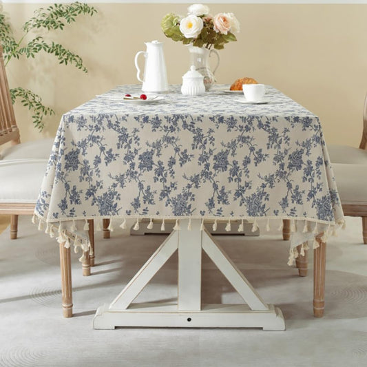 Plobeca Vintage Blue Rose Floral Tablecloth Cotton Linen Table Cloth with Tassel for Kitchen, Dining, Tabletop, Decoration, Tea Party, Farmhouse Decor (90x90CM)