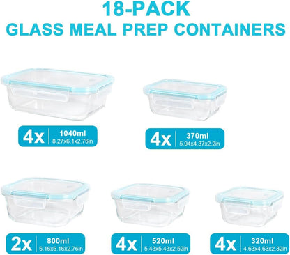 Anshine 18pack Glass Food Storage Containersï¼ŒAirtight Glass Meal Prep Containers With Lids, BPA Free & Leak Proof Lunch Box Safe for Microwave, Freezer, Dishwasher Kitchen Storage