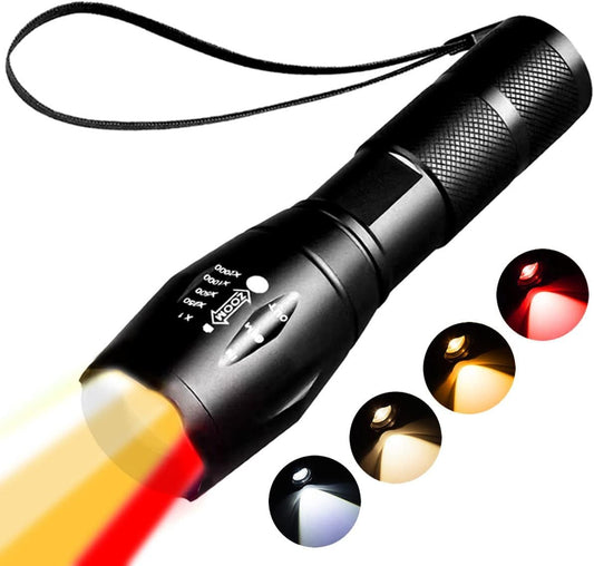 Red Tactical Flashlight Rechargeable - 1800K Warm Light for Eye Care, Photography Fill, 4 in 1 White and Yellow Light, Amber Lamp, Red Light, Night Observation