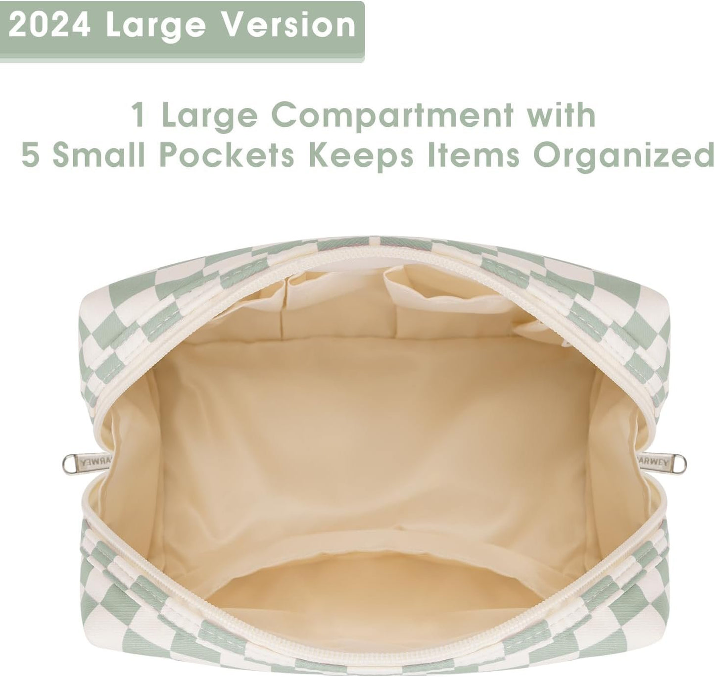 Narwey Checkered Makeup Bag Travel Cosmetic Bag Organizer Toiletry Bag Make Up Bags with Compartments for Women Girls (Large, Mint Green Checkerboard)