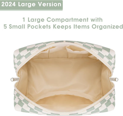Narwey Checkered Makeup Bag Travel Cosmetic Bag Organizer Toiletry Bag Make Up Bags with Compartments for Women Girls (Large, Mint Green Checkerboard)