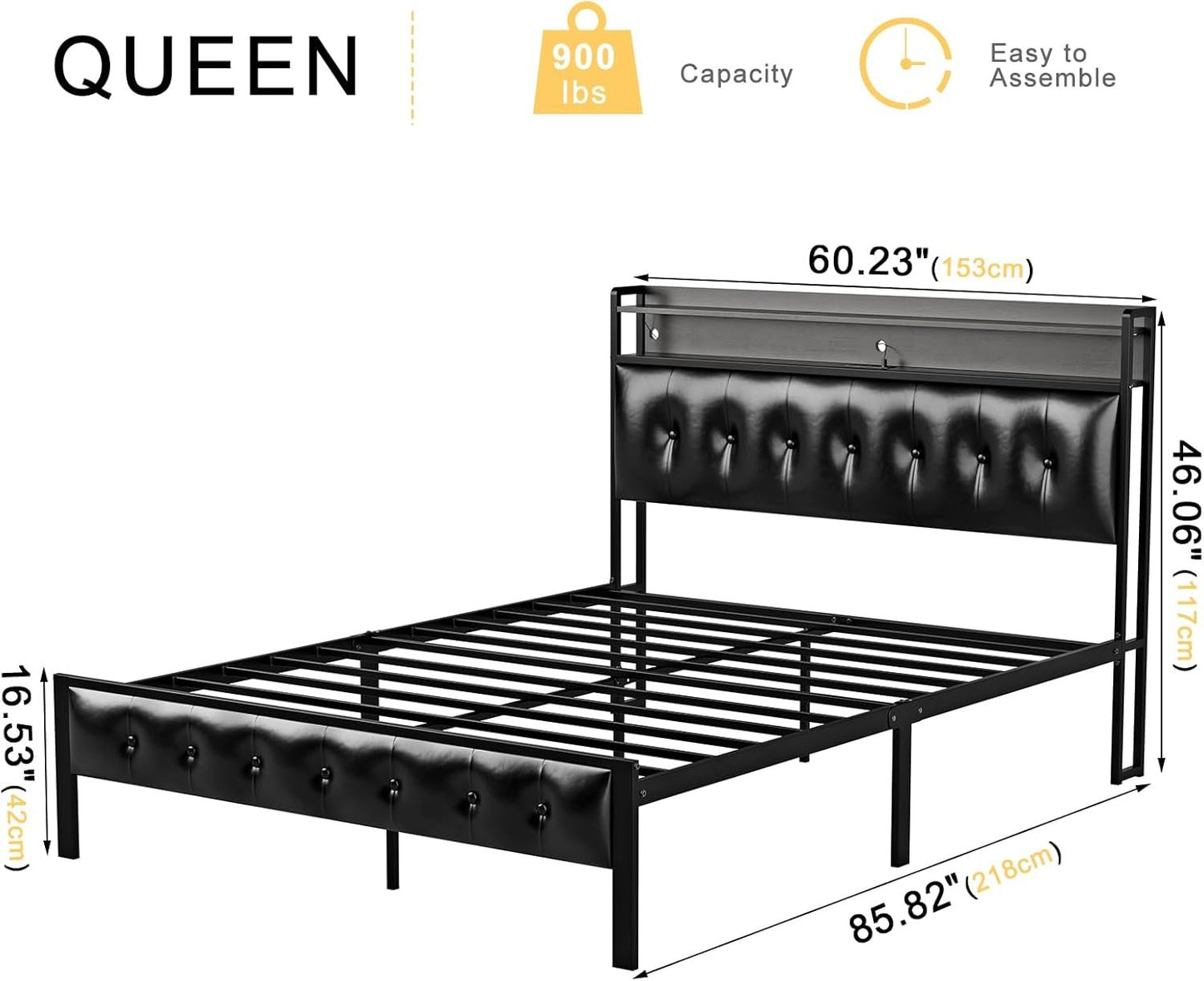 HAUSOURCE Queen Bed Frame with Storage Headboard LED Lights Charging Station Leather Upholstered Platform Bed Frame Queen Size with Non-Slip Without Noise No Box Spring Needed Black