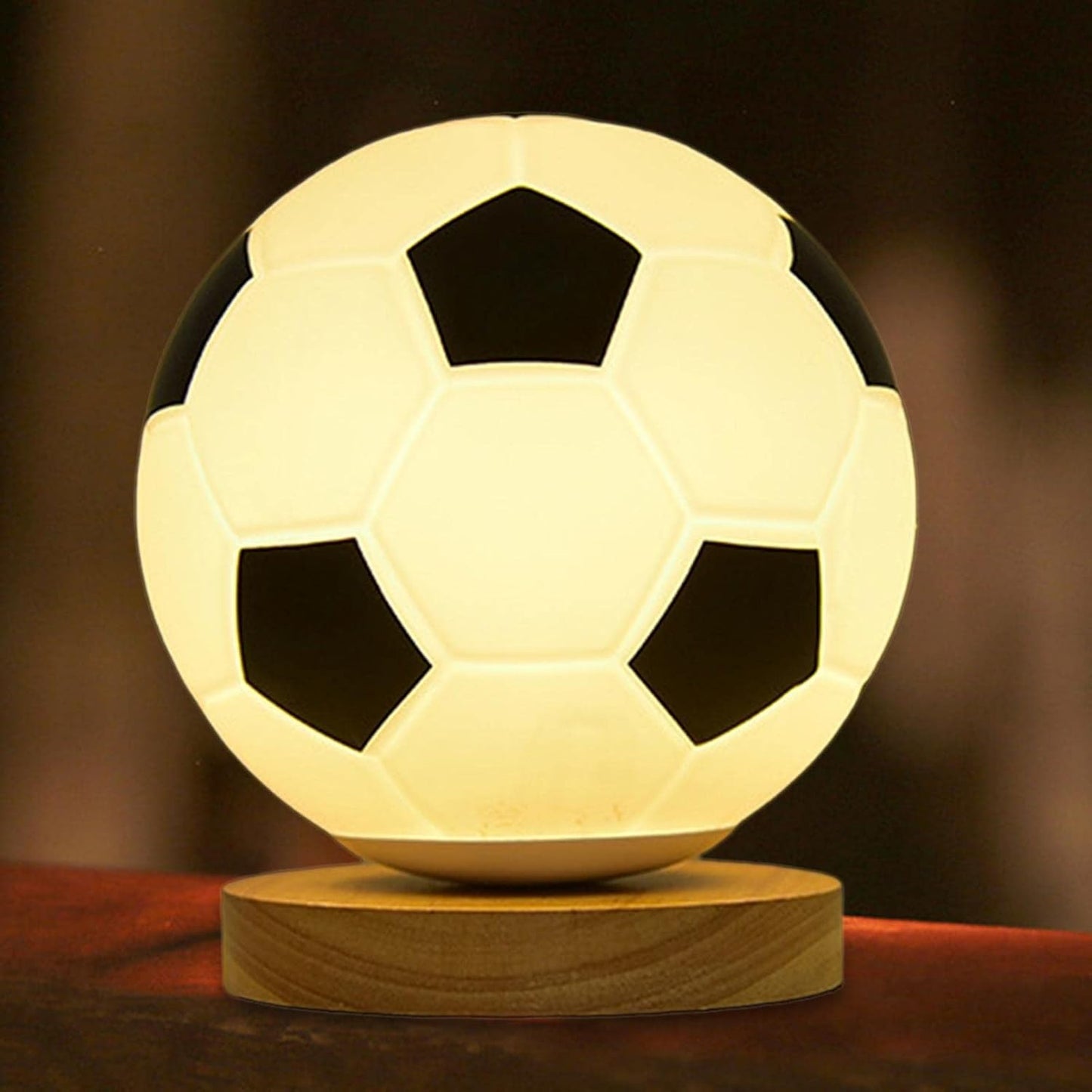 Folpus Soccer Lamp Brightness Adjustable Night Light with Wooden Base Warm Light Lighting Small Table Lamp USB Powered for Bedside Kids Gift, Flat Base