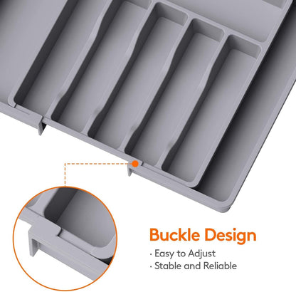 LMX Cutlery Drawer Organizer, Expandable Utensil Kitchen Drawer Organizer,BPA Free Adjustable Plastic Storage Box for Forks, Knives,Tools More (Grey, Large)
