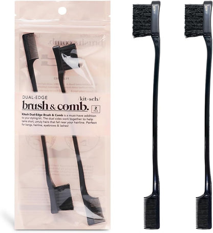 Kitsch Double Sided Edge Control Hair Brushes for Women - Edge Brush with Soft Nylon Bristles | For Bangs, Hairline, Eyebrows & Lashes - 2 Pcs, Black