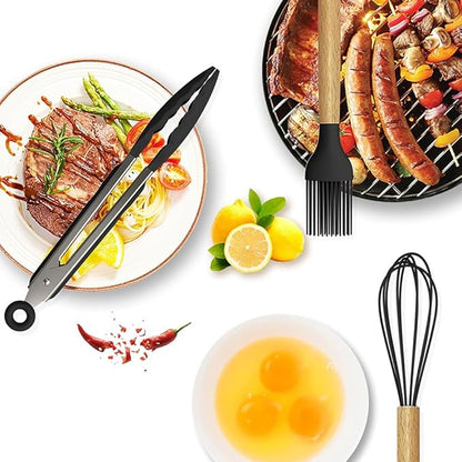 15-Piece Silicone Wooden Handle Kitchen Utensils Set, Cooking Tools with Holder, Kitchen Gadgets for Non-Stick Cookware
