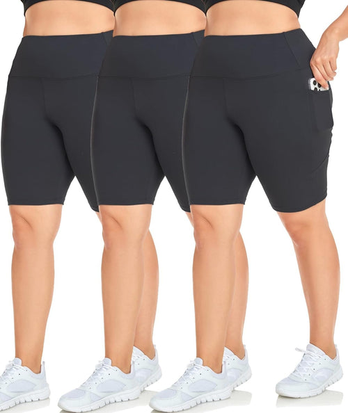 we fleece 3 Pack Plus Size Biker Shorts for Women(1X-4X)-8''High Waisted Non-See Through Workout Super Soft Black Yoga Shorts