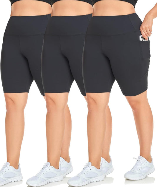 we fleece 3 Pack Plus Size Biker Shorts for Women(1X-4X)-8''High Waisted Non-See Through Workout Super Soft Black Yoga Shorts