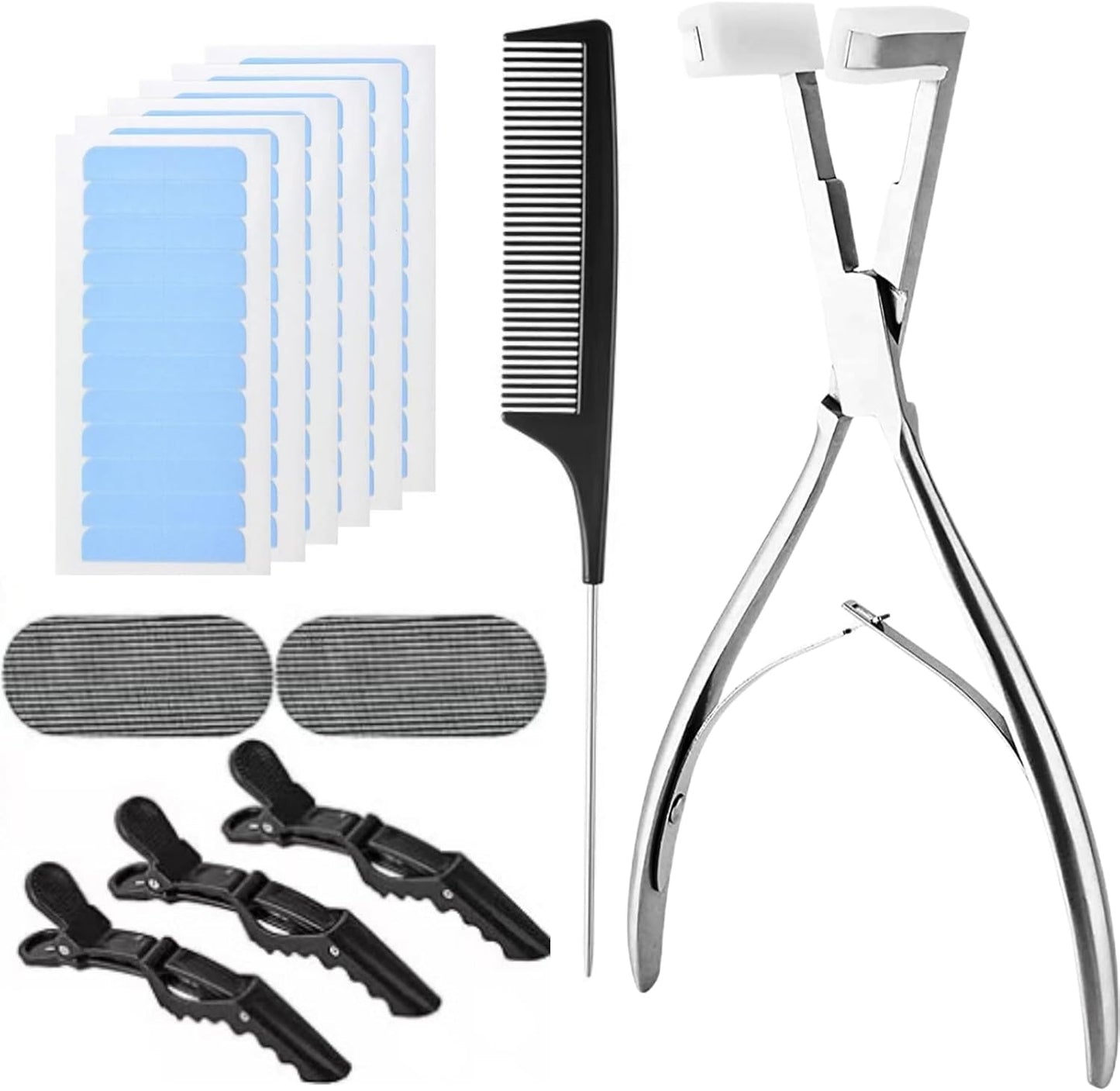 Hair Extensions Tools Kit, Professional Tape in Hair Sealing Pliers Flat Surface Hair Extension Plier Tools with Double Sided Replacement Adhesive Tape Tabs -Silvery