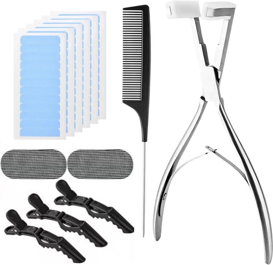 Hair Extensions Tools Kit, Professional Tape in Hair Sealing Pliers Flat Surface Hair Extension Plier Tools with Double Sided Replacement Adhesive Tape Tabs -Silvery