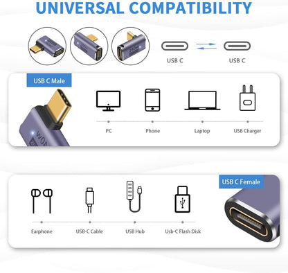 Duttek USB C 90 Degree Adapter (3 Pack), Right Angle, Middle Angle and Side Angle 90 Degree Right Angle Type C Male to Female Adapter Support 240W Power Delivery, for Laptop, Tablet and Phones