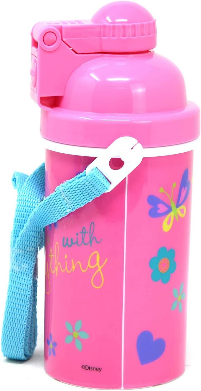 Zak Designs Disney Classic Minnie Carrying Strap One Touch Water Bottles with Reusable Built in Straw - Safe Approved BPA Free, Easy to Clean (Minnie Canteen 16.9oz)