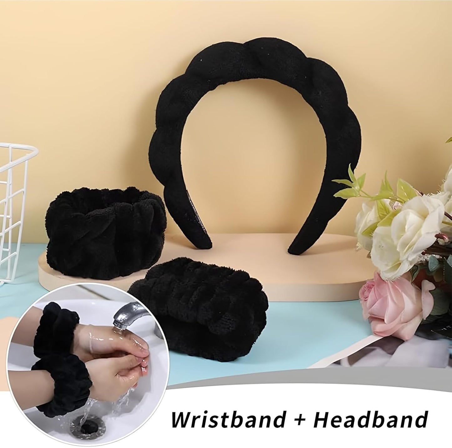 Spa Headbands for Women, 4 Pcs Makeup Headband for Washing Face Soft Hair Band Skincare Headbands for SPA Shower Sponge Headbands Wristbands (Black)