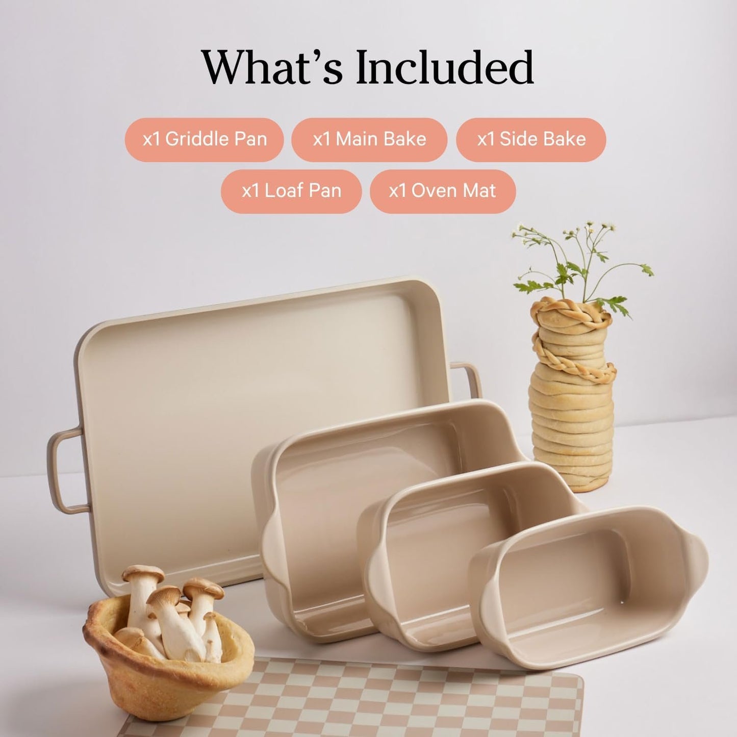 Our Place Bakeware Set | 5-Piece Nonstick, Toxin-Free, Ceramic, Cast Aluminum Set with Oven Pan, Bakers, & Oven Mat | Space-Saving Nesting Design | Oven-Safe | Bake, Roast, Griddle and More | Char