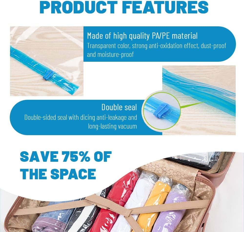 5Pcs Small Size Space Saver Vacuum Storage Bags, Hand Rolled Dust Proof Compression Bags for Travel, Travel Space Saver Bag, Vacuum Sealer Bags for Clothes (50x40cm/20x16in)