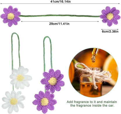 2 PCS Cute Daisy Crochet Car Decor, AFUNTA Flower Rear View Mirror Accessories Cute Car Hanging Accessories Car Pendant car Accessories Interior