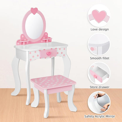 OOOK Kids Vanity Set, Table & Chair Vanity Set with Mirror and 15 pcs Interesting Make-up Accessories, Pink Makeup Dressing Table with Storage Drawer, Premium Gift for Girls.