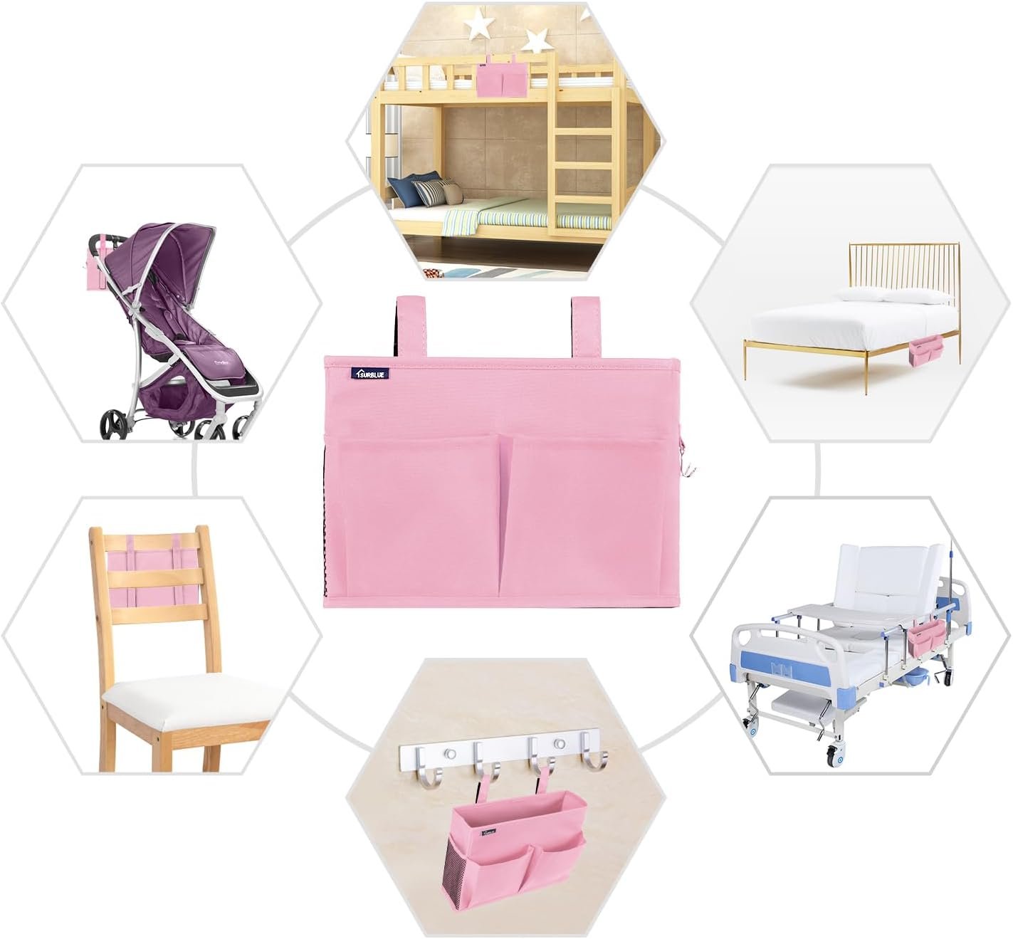 Surblue Bedside Caddy Hanging Organizer Bedside Storage Bag for Bunk and Hospital Beds (Small-Pink)