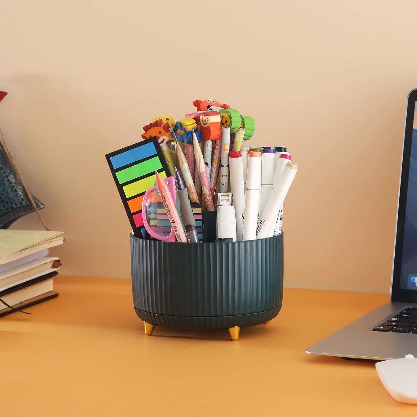 DOCMON Desk Organizer, Rotating Pen Pencil Holder for Desk, Spinning Desk Pen Organizer, Cute 5 Slots Pen Cup Pencil Cup for School, Office, Home - Dark Green