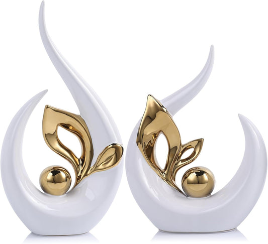 White Gold Abstract Sculptures Home Decor, Ceramic Art Statue Cool Stuff to Put on Shelves&tv Stand Decor, Gold Accent Entertainment Center Decor, Ideal Fireplace Coffee Table Dining Table Decor