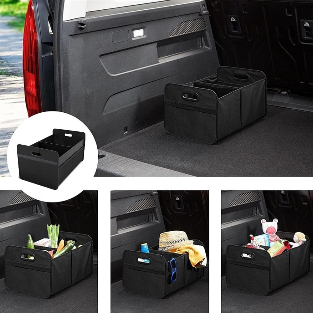 Car Trunk Organizer, Collapsible Two Compartment Car Storage with Reinforced Handles, Large Capacity Trunk Groceries Organizer, Auto Accessories Universal for Vehicle, Truck, Sedan (Black)
