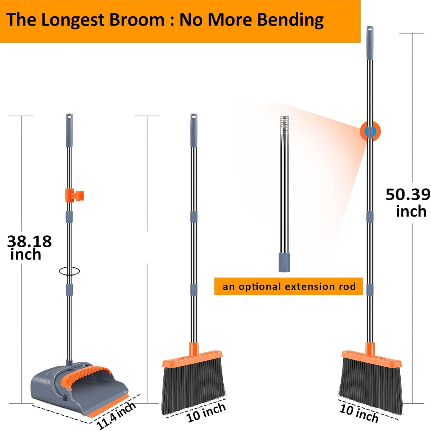 kelamayi Broom and Dustpan Comb Set for Home Super Long Handle,Upright Standing Dustpan for Home Room Kitchen Office Lobby Outdoor Floor Use(Gray & Orange)