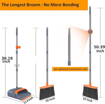 kelamayi Upgrade Broom and Dustpan Set, Self-Cleaning with Dustpan Teeth, Indoor&Outdoor Sweeping, Ideal for Dog Cat Pets Home Use, Stand Up Broom and Dustpan (Gray&Orange)
