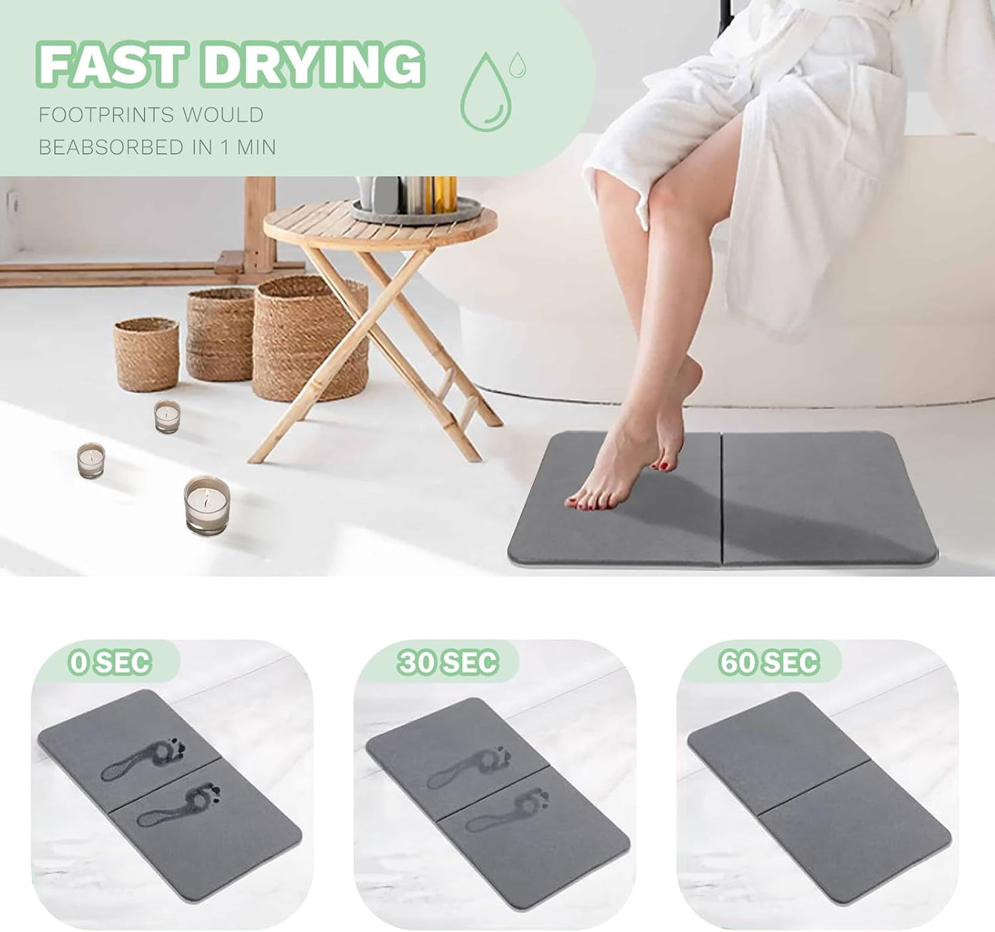 Stone Bath Mat, Natural Diatomaceous Earth Bath Mat, Non Slip Super Absorbent Quick Drying Diatomite Mat for Bathroom, Bathtub, Kitchen Counter, Both Sides Available with Cleaning Tool (Dark Gray)