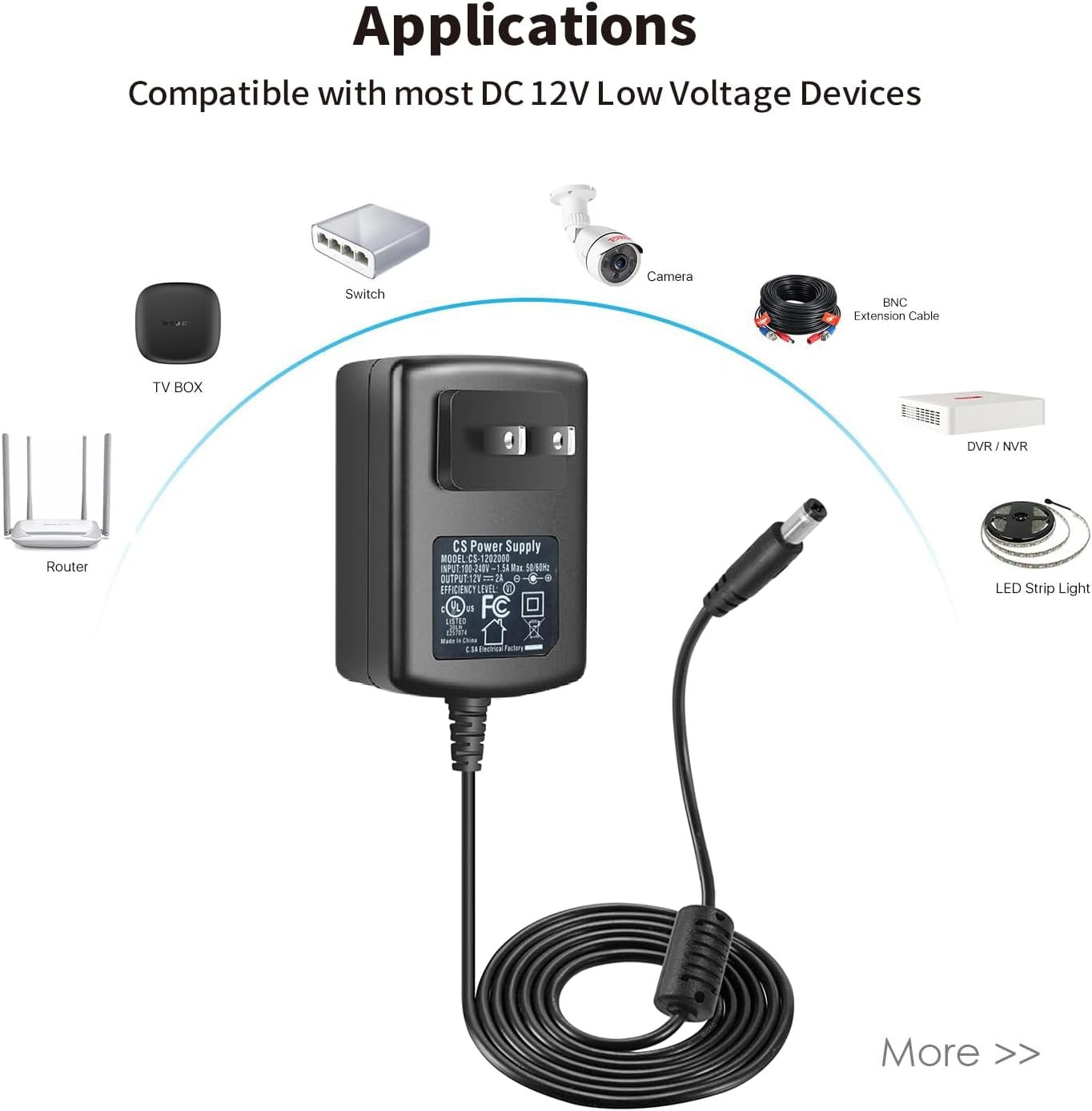 Tonton DC 12V 2A Security Camera Power Supply Adapter Combine with 1 to 4 Power Splitter for CCTV Security Camera System, UL/FCC Certificate for North America