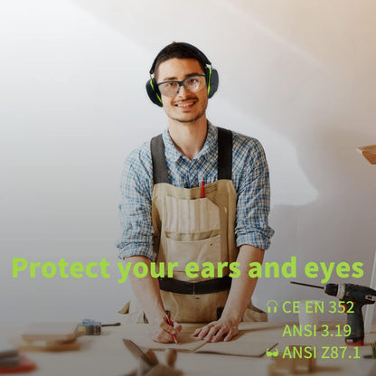 Hocazor Shooting Ear Protection Earmuffs with NRR 26dB, Safety Glasses for Men, Eyes and Ears Belt Clip Holder, HZ03 Perfect for Gun range, Hunting, Mowing-Green