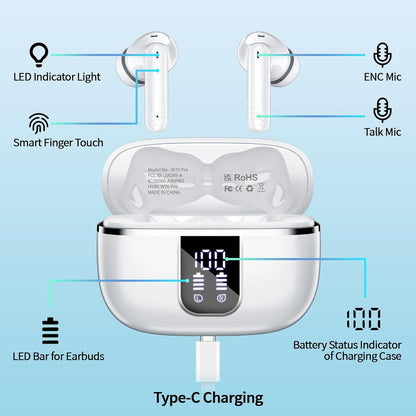 Wireless Earbuds, Bluetooth Headphones 5.4 HiFi Stereo with 4 ENC Noise Cancelling Mic, 38H in Ear Earphones with LED Digital Display, Touch Control, IPX7 Waterproof Ear Buds for Sports Workout, White