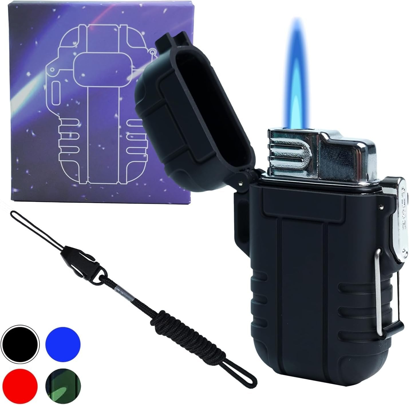 Waterproof Outdoor Lighter, Refillable Wind Proof Butane Lighters, Adjustable Jet Flame Lockable Lighter, Fireplace Fireworks Camping Barbecue Lighter, Black (excluding Butane Gas)