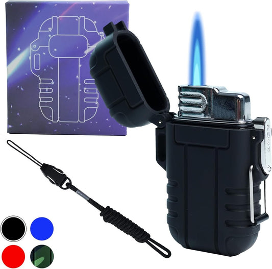 Waterproof Outdoor Lighter, Refillable Wind Proof Butane Lighters, Adjustable Jet Flame Lockable Lighter, Fireplace Fireworks Camping Barbecue Lighter, Black (excluding Butane Gas)