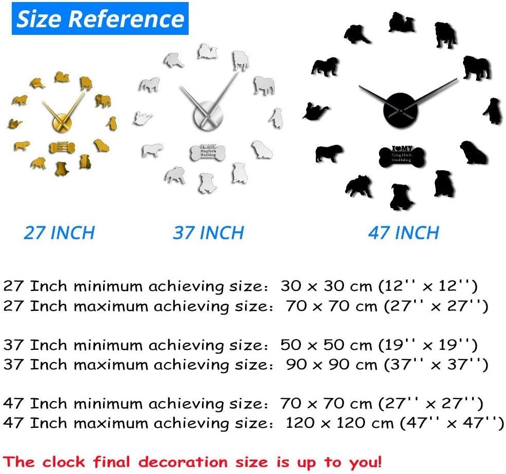 Beisite English Bulldog Home Decor Wall Clocks British Bulldog Silhouettes Wall Art DIY Large Wall Clocks Clocks Large Time Wall Clock (Black, 47")