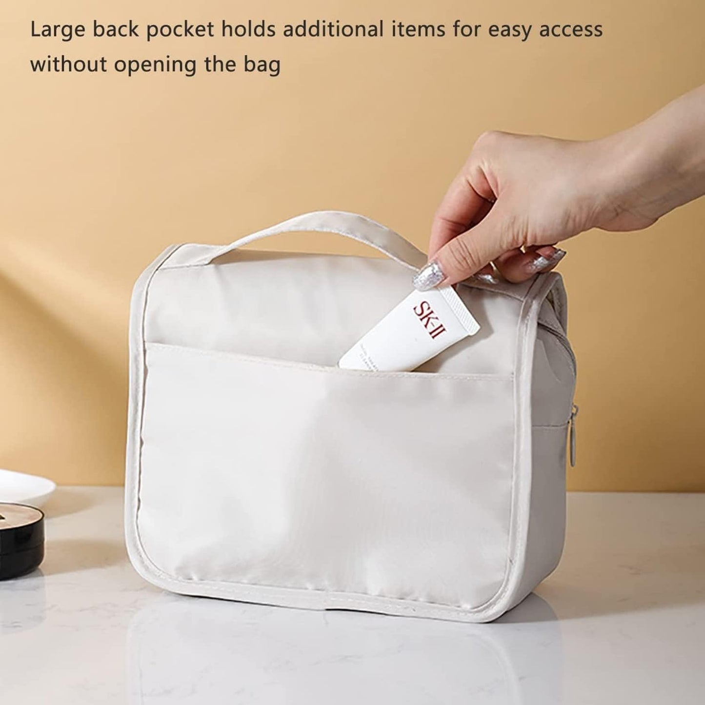 JCZD Hanging Toiletry Bag, Travel Wash Bag for Women Portable Folding Cosmetic Organizer Large Capacity Girls Makeup Bag Waterproof Shower Bag with Separate Compartment (Beige)