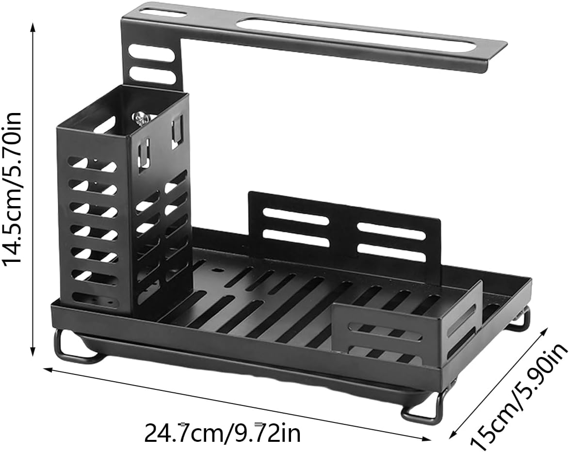 Sink Dish Rack, Carbon Steel Drying Shelf, Adjustable Height Organizer, 9.72x5.91x5.71 Inches Drain Tray Base, Black Finish, for Sponge, Soap, Brush, Kitchen Cleaning Accessories
