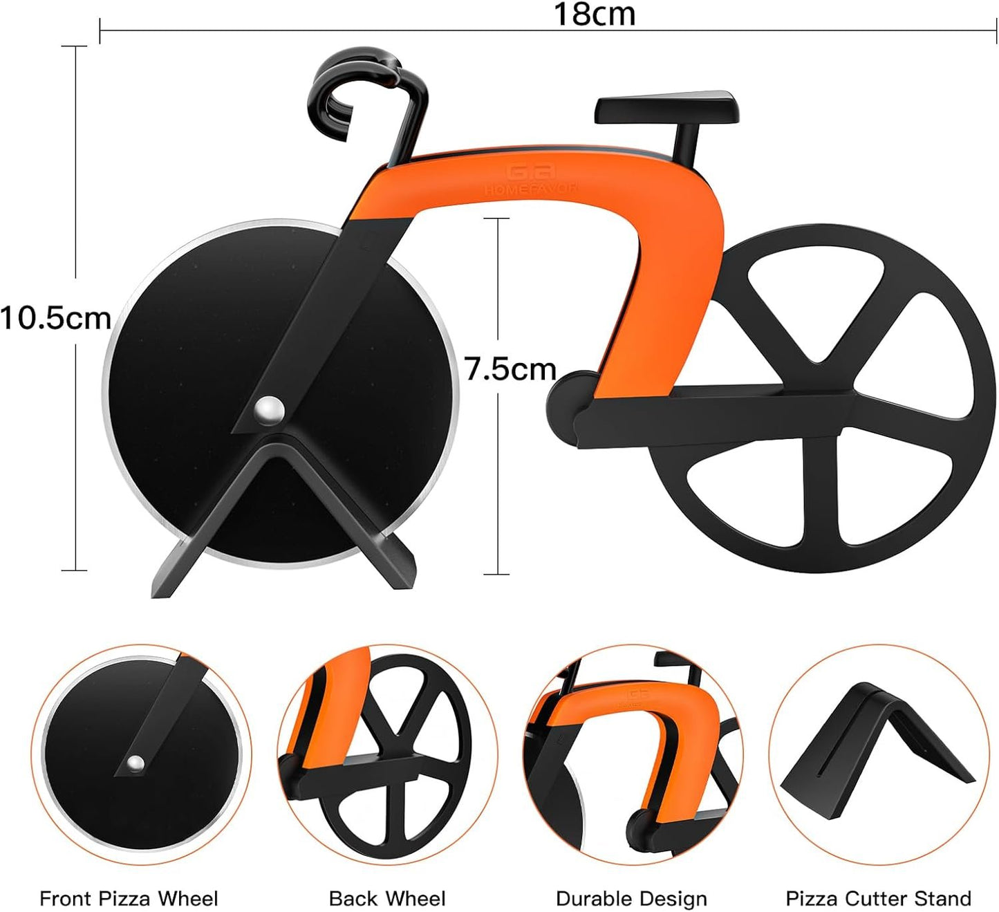 Bicycle Pizza Cutter, Stainless Steel Bicycle Shape Pizza Cutter Blades with Non-Stick Coating Kitchen Tools with Easel, Orange