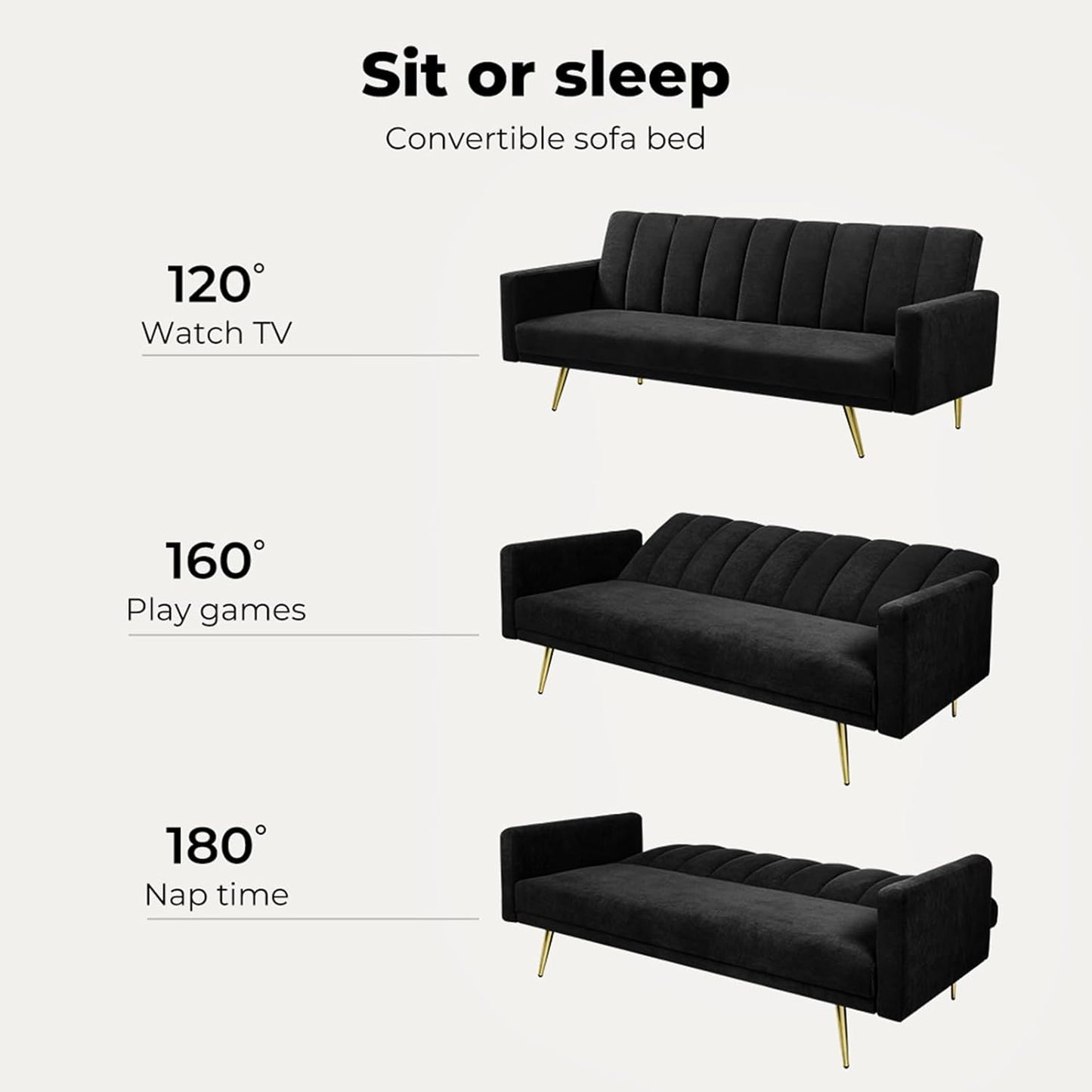 LEVEDE 3 Seater Sofa Bed Convertible, Velvet Loveseat Sofa Couch, Recliner Sofa Lounge with 3 Adjustable Backrest Positions, Spare Bed for Guest, Load Up to 220kg (197cm, Black)